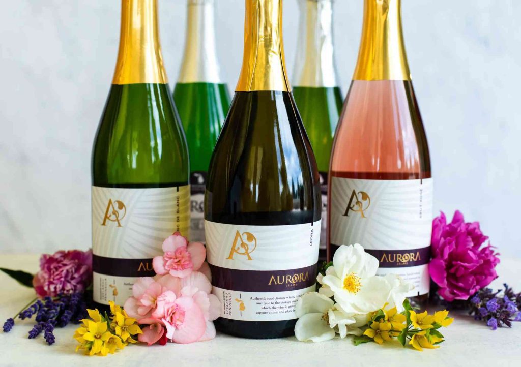 Sparkling wines from Aurora Cellars on display, Lake Leelanau, MI