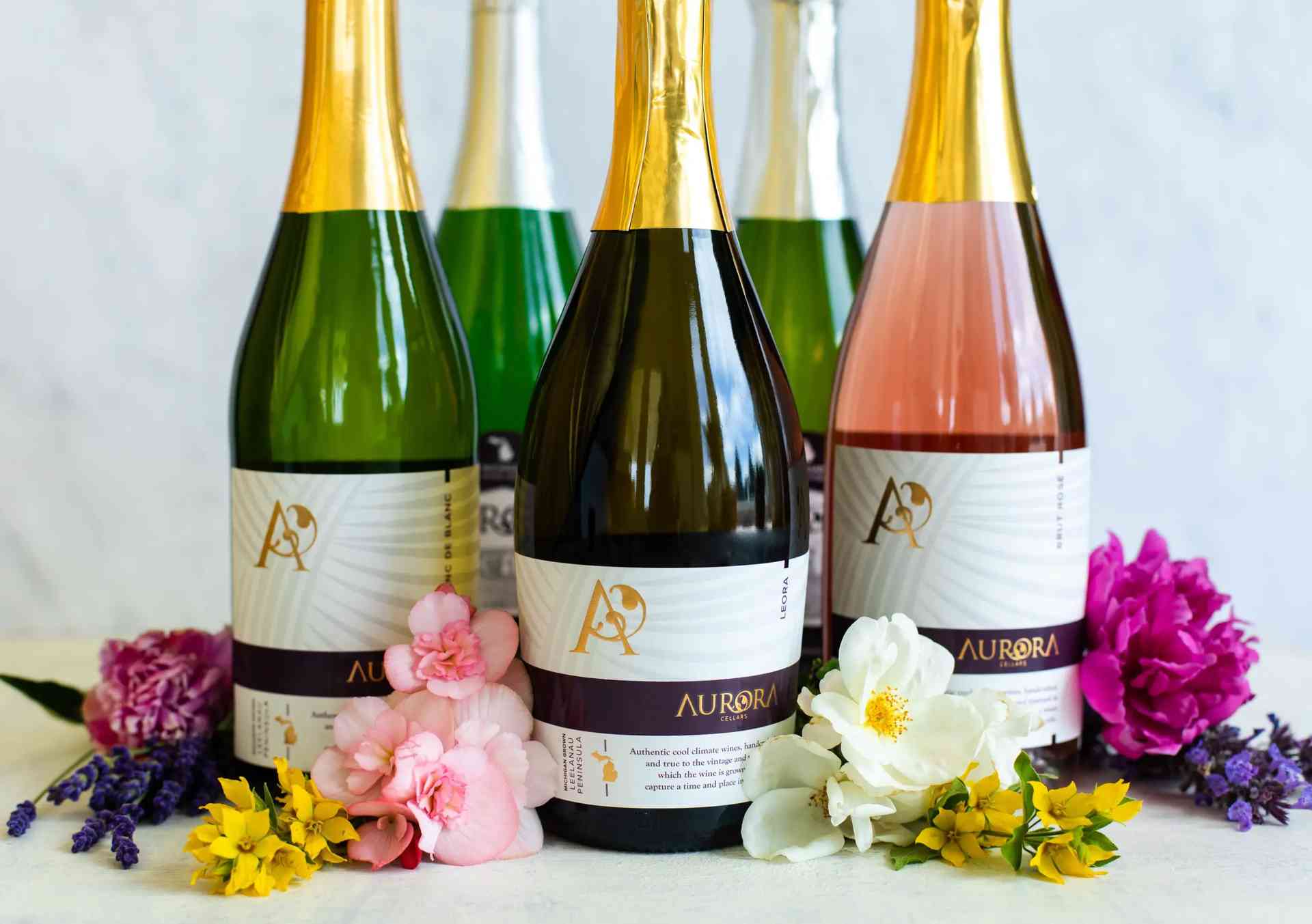 Sparkling wines from Aurora Cellars on display, Lake Leelanau, MI