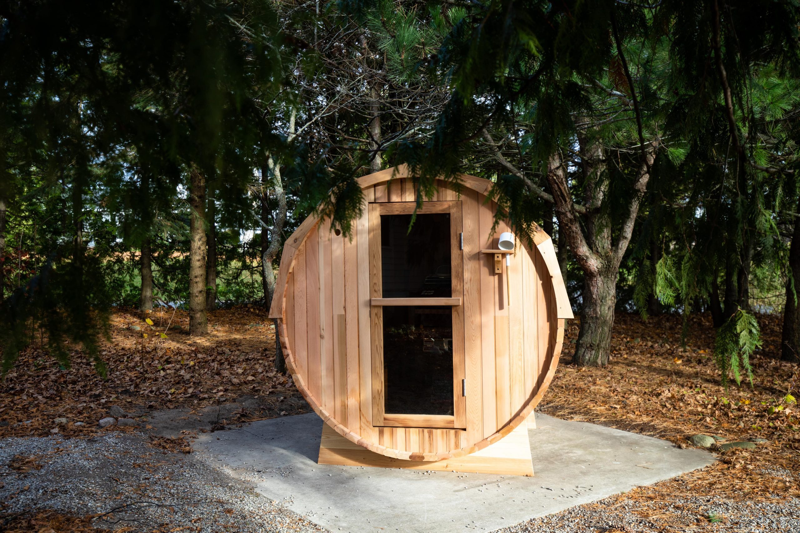 A warm, farmhouse-style sauna at Aurora Cellars vineyard in Lake Leelanau, MI