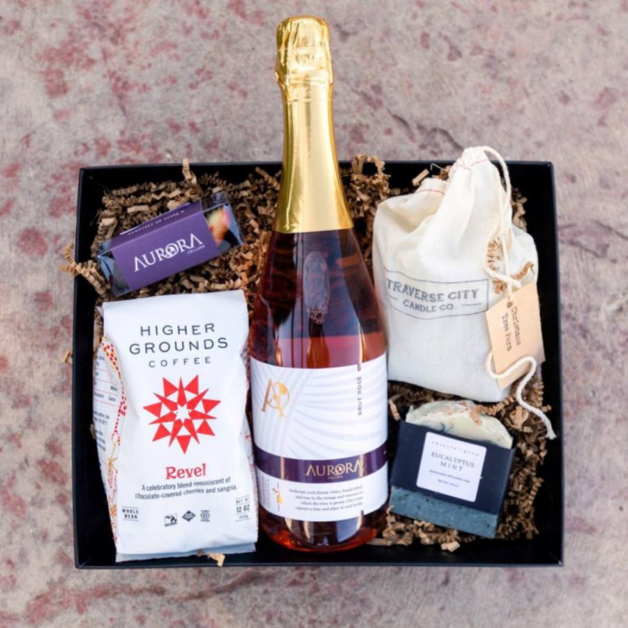 Wine hamper from Aurora Cellars featuring a selection of award-winning wines from Lake Leelanau, MI
