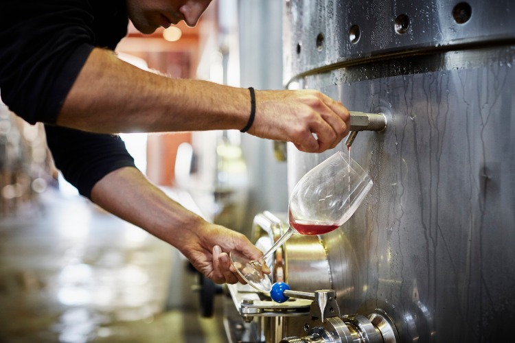 Winemaker filling a glass with delicious red wine at Aurora Cellars in Lake Leelanau, MI